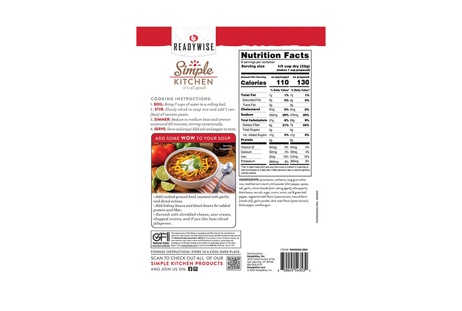 Readywise Simple Kitchen Hearty Chili- Reformulated