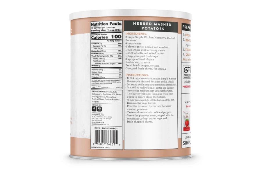 Readywise Simple Kitchen 45 Serving Dehydrated Homestyle Mashed Potatoes