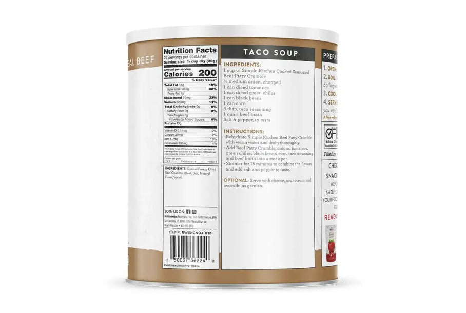 Readywise Simple Kitchen 22 Serving Freeze-Dried Seasoned Beef Patty Crumbles